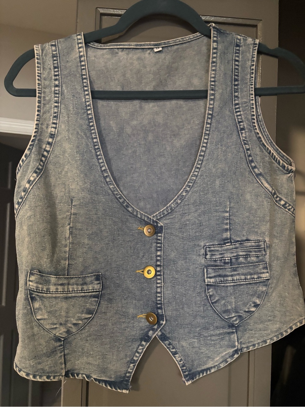 Light Blue Acid-Wash Denim Vest with Button Front